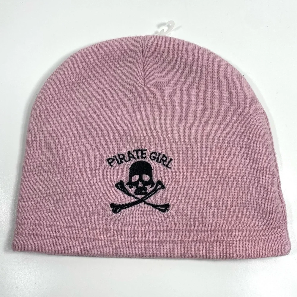 PirateHeads Pirate Girl Pink Beanie Hat + Black Embroidered Skull & Crossbones